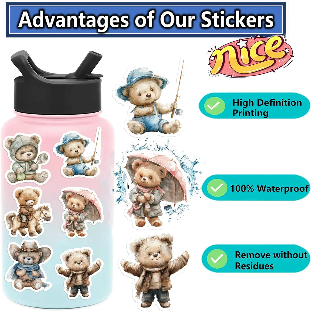 55Pcs Cute Teddy Bear Stickers Decoration for Laptop Cup Phone Case Helmet Luggage Cartoon Creative DIY Waterproof Vinyl Sticker (ONLINE ORDER ONLY)