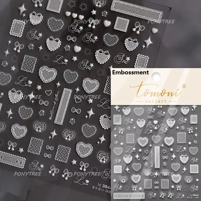 Gird Lace Bowknot Love Heart Flower Fabric Printing Frame Bow Tie Rococo Pattern Daisy Tender Nail Art Stickers Manicure Decals (ONLINE ORDER ONLY)