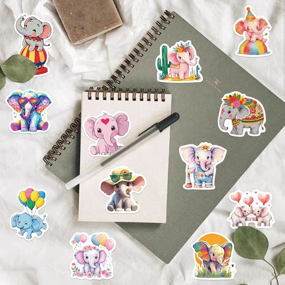 50pcs Elephant Stickers Pack Cute Animal Stickers Kawaii Stickers for Water Bottles Laptop Luggage Cartoon Waterproof Sticker (Online Order Only)
