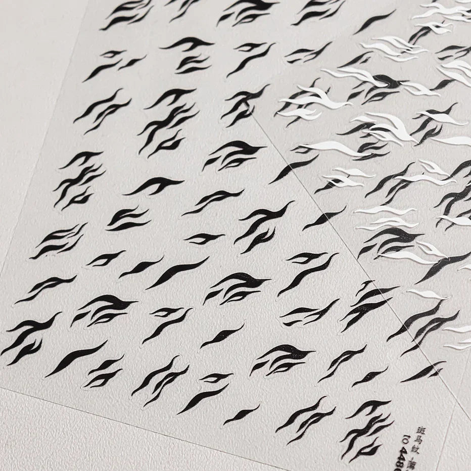 Chic Halo Dyeing Zebra Stripes Tender Black White Line Design Crescent Moon Arc Adhesive Nail Art Sticker Relief Manicure Decals (Online Order Only)