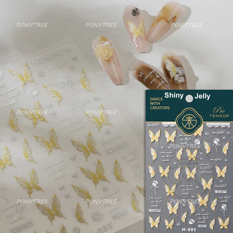 Butterfly Flower Hollow Out Lace Delicate Floral Print Shiny Cloth Block Insect Self Adhesive Nail Art Stickers Manicure Decals (Online Order Only)