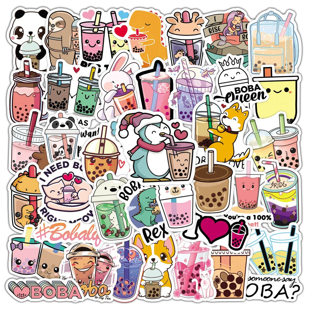 50pcs Cartoon Bubble Tea Stickers for Helmet, Wall, DIY Decoration (ONLINE ORDER ONLY)