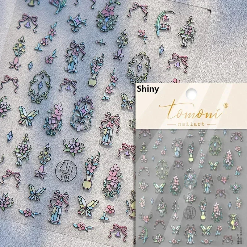 Geometric French Style Colorful Square Grid Rhombus Line Stripe Bowknot 3D Self Adhesive Nail Art Stickers Shiny Manicure Decals (ONLINE ORDER ONLY)
