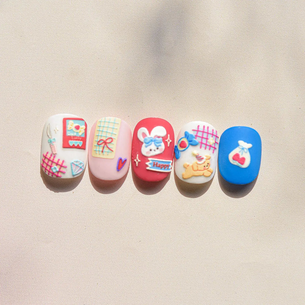 Graffiti Rabbit Dog Bunny Milk Strawberry Jewel Candy Knife Envelope Soft Relief Adhesive Nail Art Stickers Cute Manicure Decals (Online Order Only)