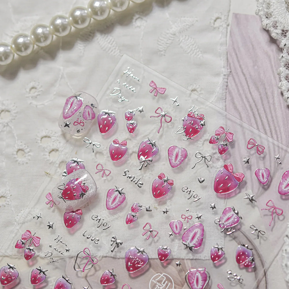Cute Pink Tempting Strawberries Attractive Fruit Cutting Line Bowknot Star Silver Stamping Chic Nail Art Stickers Manicure Decal (ONLINE ORDER ONLY)