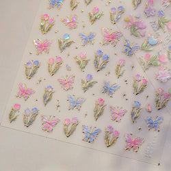 Delicate Dreamy Petal Star Tulip Flower Purple Bowknot Butterfly Illusion Chic Relief Adhesive Nail Art Stickers Manicure Decals (Online Order Only)
