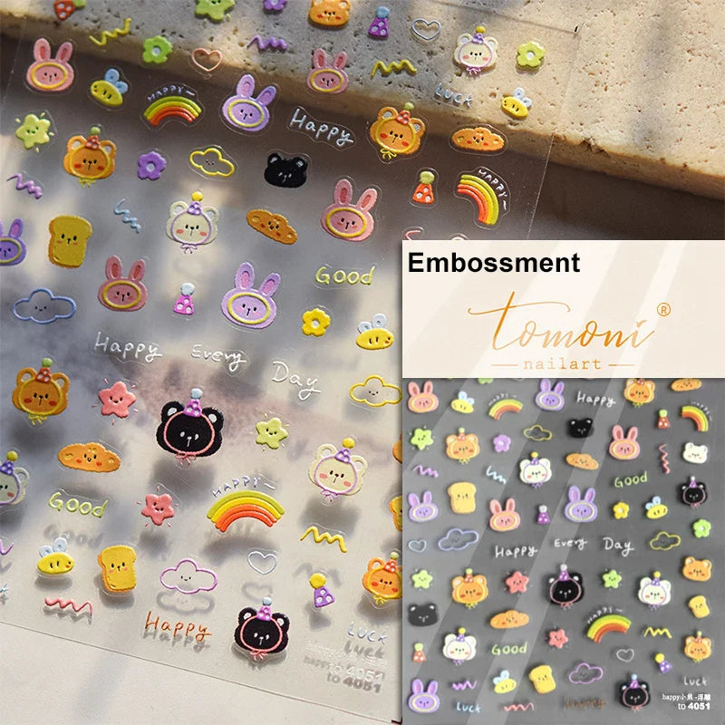 Pink Running Rabbit Bowknot Wreath Bunny Flower Tie Totem Pattern Self Adhesive Nail Art Sticker Pearl Rhinestone Manicure Decal (Online Order Only)
