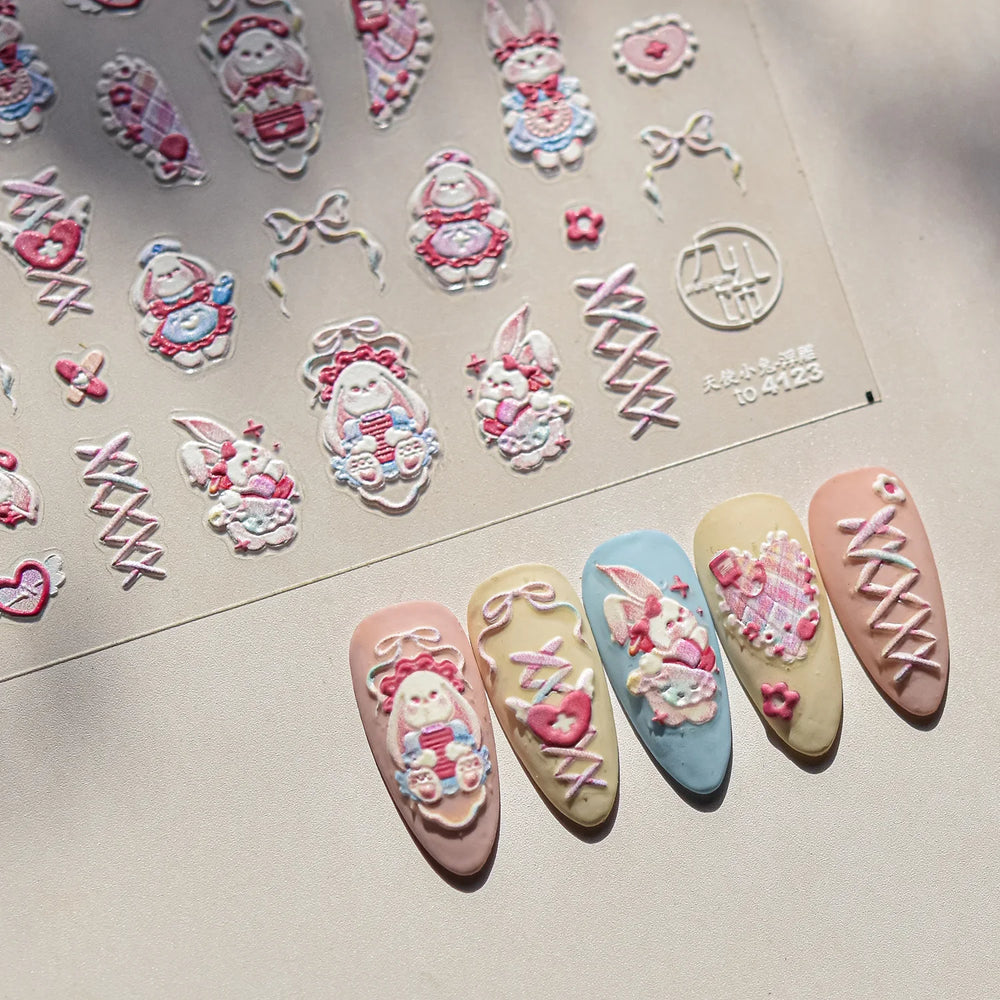 Cream Wind Cat Rabbit Kitten Bunny Bowknot Flower Butterfly Cake Cherry Tulip 5D Self Adhesive Nail Art Stickers Manicure Decals (Online Order Only)