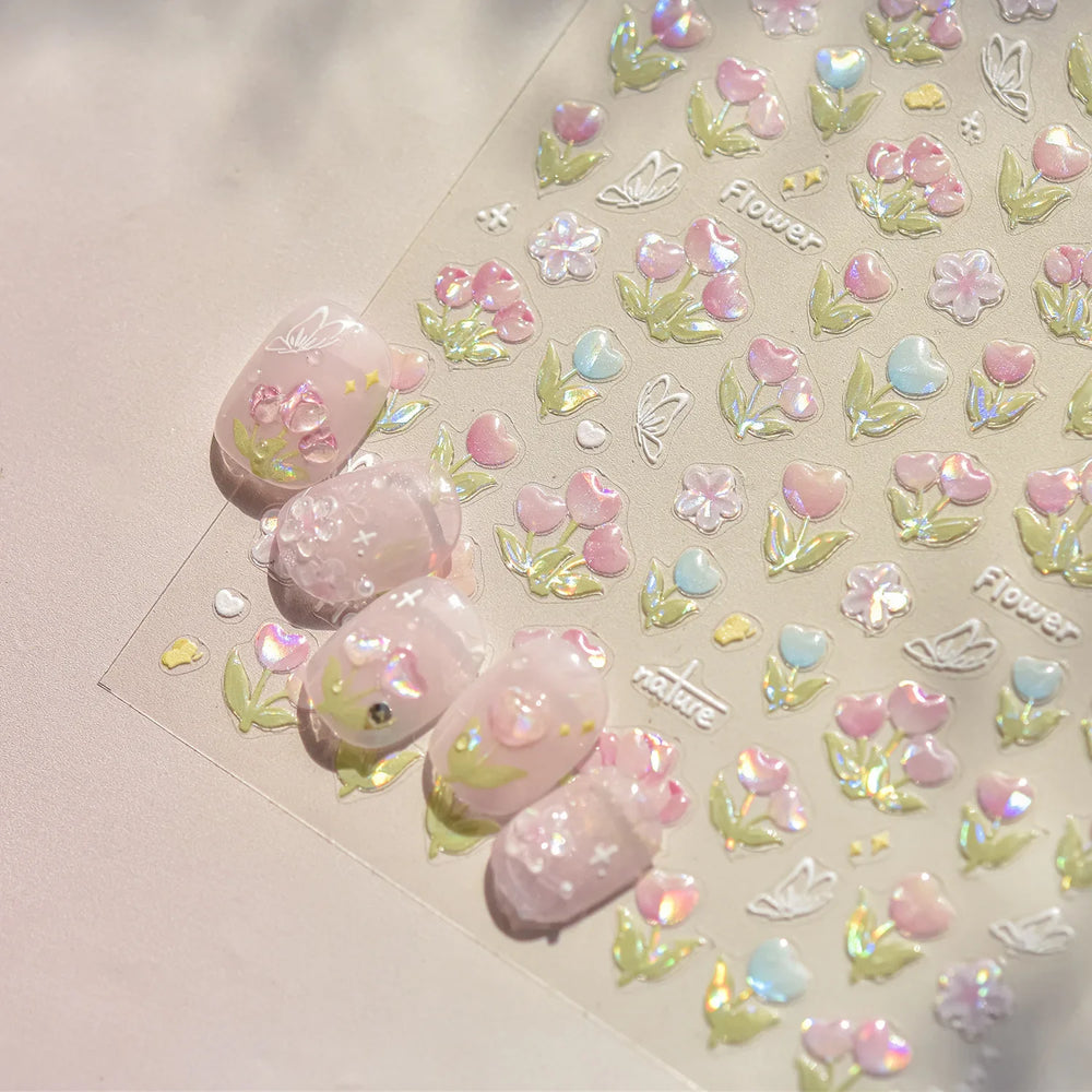 Cute  Pink Blue Nature Tulip Star Heart Butterfly Peach Blossom Jelly Embossed Relief Adhesive Nail Art Stickers Manicure Decals (ONLINE ORDER ONLY)