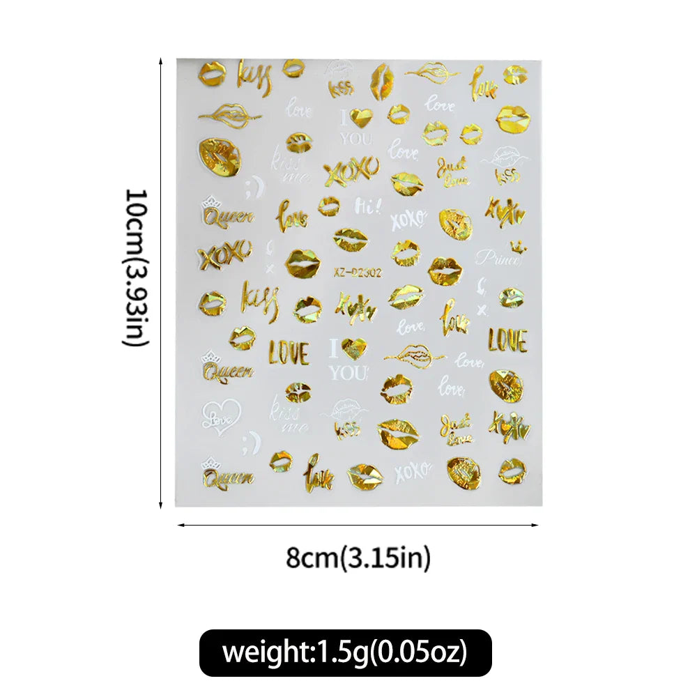 12pcs 3D Golden Glitter Heart Love Nail Stickers Valentine Self Adhesive Cute Cartoon Decal Geometry Slider Manicure Decoration* (ONLINE ORDER ONLY)