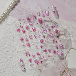 Pink Juicy Strawberry Fruit Cutting Line Ribbon Bowknot Star Happy Sweet Lovely Fruits Delicate Nail Art Stickers Manicure Decal (ONLINE ORDER ONLY)
