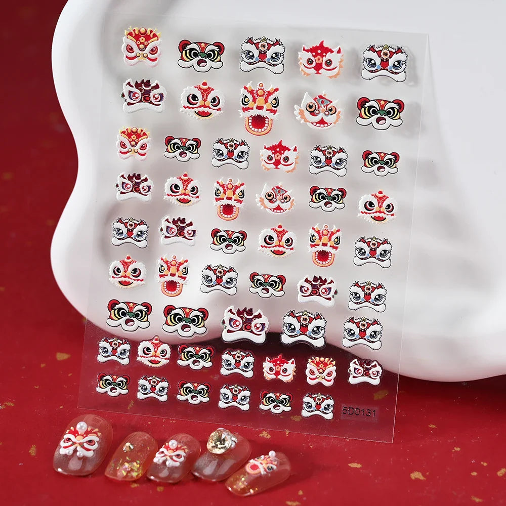 1pcs Cute Good Luck Lion Head Nail Art Sticker Chinese New Year 2025 Nail Decal 5D Reliefs Self Adhesive Design Decoras Decals * (ONLINE ORDER ONLY)