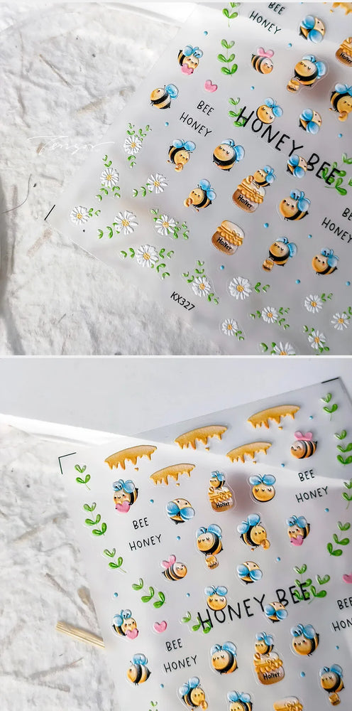 Cute Bee Honey Jar Daisy Flowers Gather Honey Pot Love Heart Green Leaves Reliefs Self Adhesive Nail Art Stickers Manicure Decal (ONLINE ORDER ONLY)