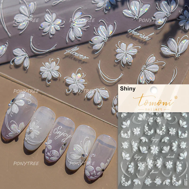 French Chic Blue Line Bowknot Fan Flower Leaves Butterfly Lace Frame Bell Shiny Self Adhesive Nail Art Stickers Manicure Decals (ONLINE ORDER ONLY)
