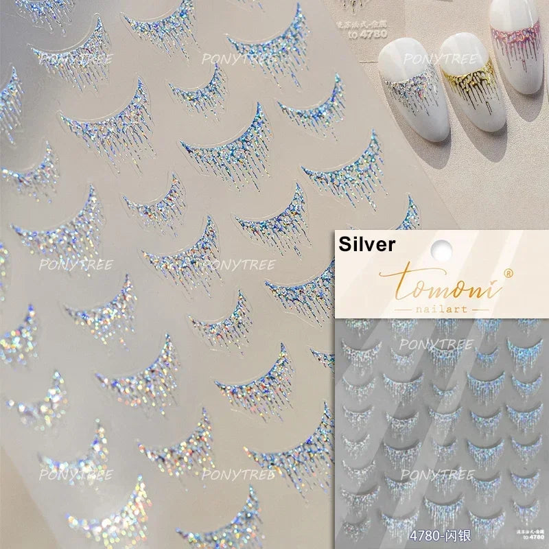 French Romantic Tassel Crescent Moon Laser Charming Gold Silver Arc Self Adhesive Nail Art Stickers Hot Stamping Manicure Decals (Online Order Only)