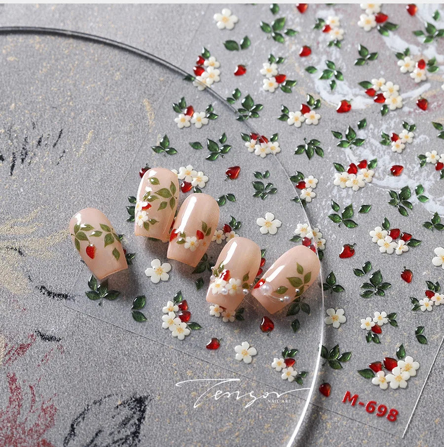 Delicate Chic White Flower Jelly Green Leaves Red Fruits Lily Gardenia Self Adhesive Nail Art Stickers Rhinestone Manicure Decal (Online Order Only)