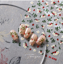 Delicate Chic White Flower Jelly Green Leaves Red Fruits Lily Gardenia Self Adhesive Nail Art Stickers Rhinestone Manicure Decal (Online Order Only)