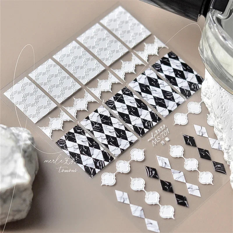 French Style Geometric Black White Square Grid Rhombus Stripe 3D Self Adhesive Nail Art Stickers Shiny Rhinestone Manicure Decal (ONLINE ORDER ONLY)