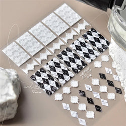 French Style Geometric Black White Square Grid Rhombus Stripe 3D Self Adhesive Nail Art Stickers Shiny Rhinestone Manicure Decal (ONLINE ORDER ONLY)