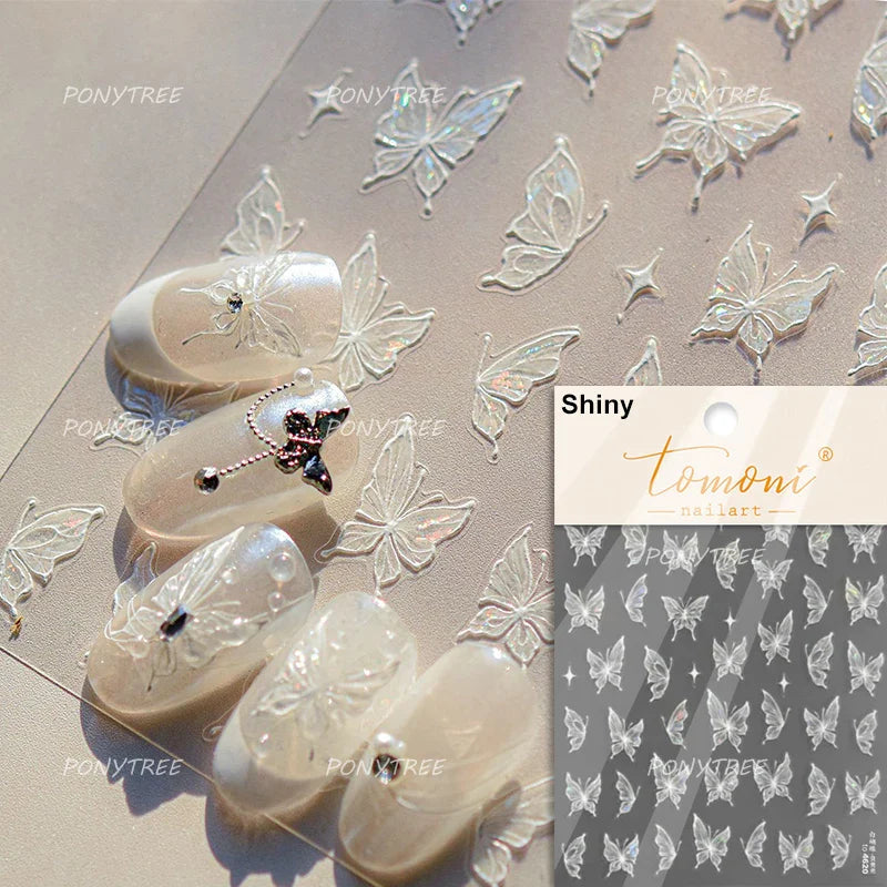 White Flower Colourful Butterfly Pearl Petal Beautiful Garden Charming Plant 5D Self Adhesive Nail Art Stickers Manicure Decals (ONLINE ORDER ONLY)