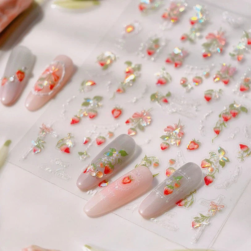 Strawberry Retro Lace Border  Flower Lovely Fruit Pearl Pendant Leaves Self Adhesive Nail Art Stickers Manicure Decal Wholesale (Online Order Only)