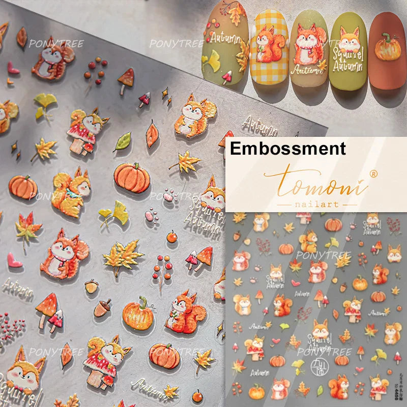 Squirrel Mushroom Apple Strawberry Cherry Pinecone Ginkgo Leaf Self Adhesive Nail Art Stickers Butterfly Flower Manicure Decals (ONLINE ORDER ONLY)
