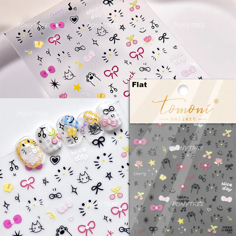 Colourful Cherry Abundant Fruits Bowknot Shiny White Line Outline Self Adhesive Nail Art Stickers Chic Rhinestone Manicure Decal (ONLINE ORDER ONLY)