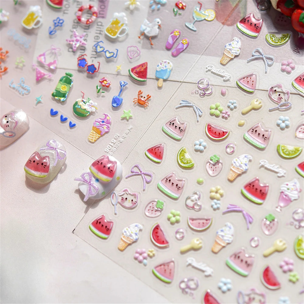 Summer Beach Bikini Watermelon Strawberry Ice Cream Soda Coconut Tree Fan Juice Crab Nail Art Decoration Stickers Manicure Decal (ONLINE ORDER ONLY)
