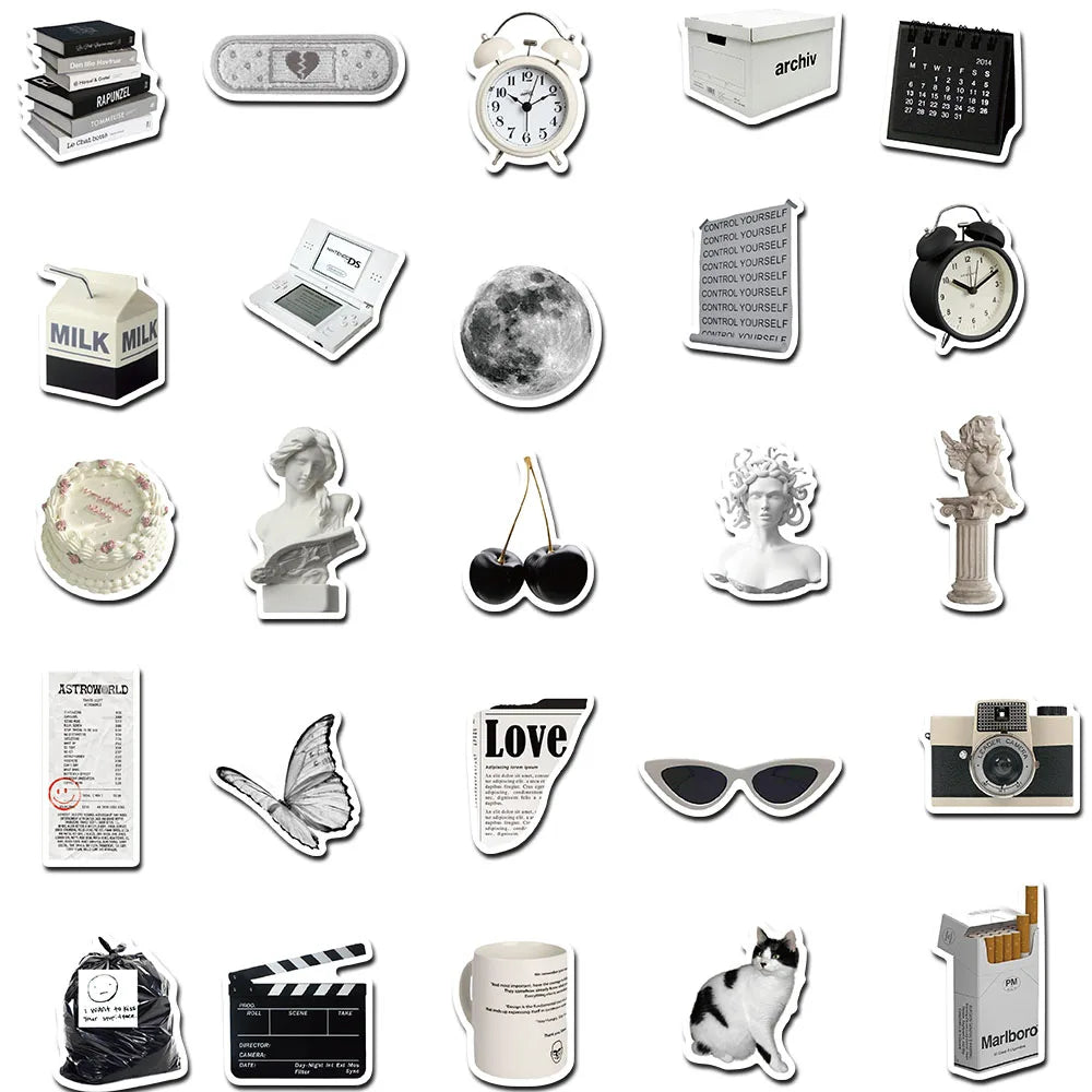 10/30/61pcs Ins Style Cute Stickers Black White Simple Decals Decoration DIY Phone Notebook Suitcase Laptop Fridge Wall Sticker (ONLINE ORDER ONLY)