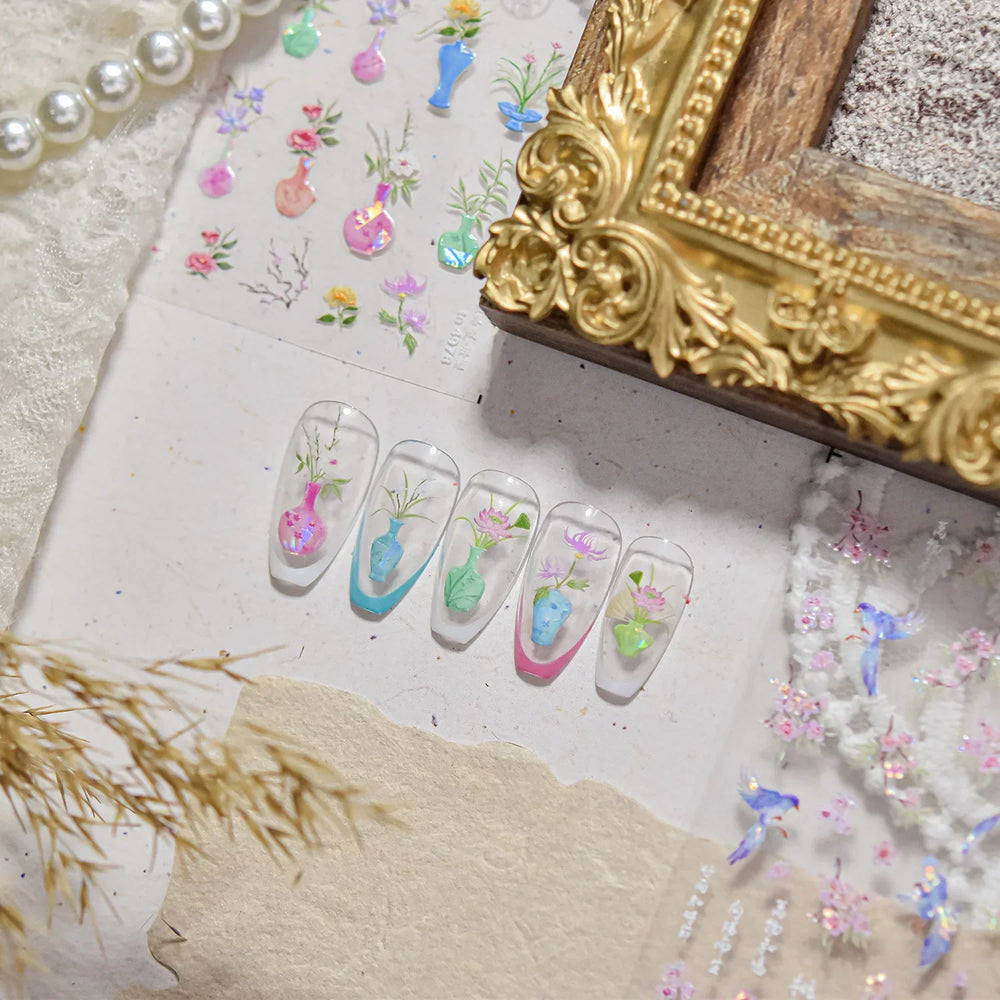 Orchid Daisy Chrysanthemum Peach Blossom Lotus Flower Vase Floral Art Fan Wintersweet Adhesive Nail Art Stickers Manicure Decals (Online Order Only)