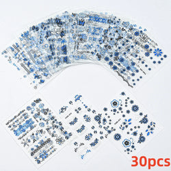 30Sheet 3D Glitter Christmas Nail Art Stickers Santa Claus Snowflake Elk Christmas Tree Design Nail Decals Cartoon Nail Supplies (Online Order Only)