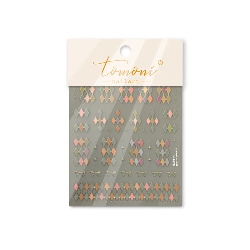 Geometric French Style Colorful Square Grid Rhombus Line Stripe Bowknot 3D Self Adhesive Nail Art Stickers Shiny Manicure Decals (ONLINE ORDER ONLY)