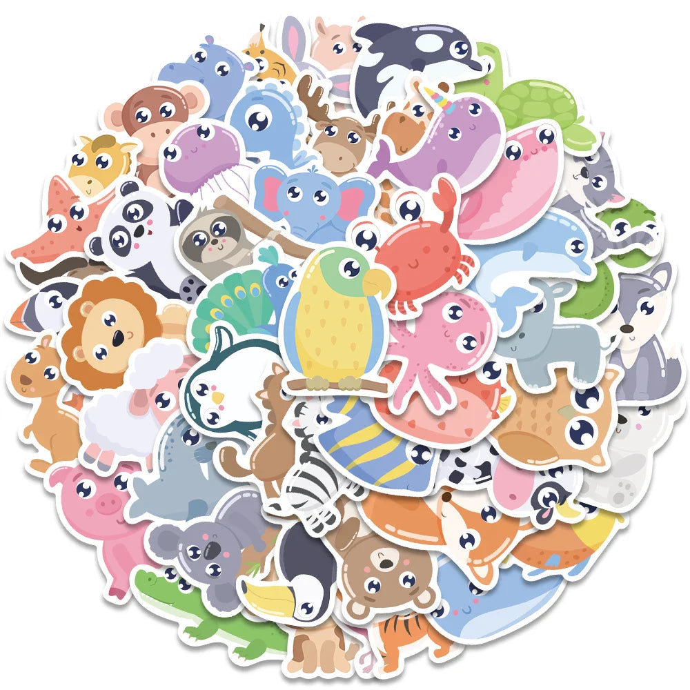 52pcs Cute Cartoon Animals Stickers For Laptop Guitar Luggage Skateboard DIY Waterproof Graffiti Bicycle Car Decals Kids Toy (ONLINE ORDER ONLY)