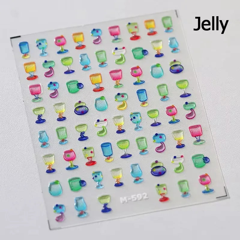 Colorful Food Pudding Alkali Water Bowknot Cream Fork Cup Bread Jelly Fruit Cartoon Cake Relief Nail Art Sticker Manicure Decals (ONLINE ORDER ONLY)