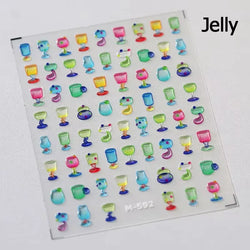 Colorful Food Pudding Alkali Water Bowknot Cream Fork Cup Bread Jelly Fruit Cartoon Cake Relief Nail Art Sticker Manicure Decals (ONLINE ORDER ONLY)