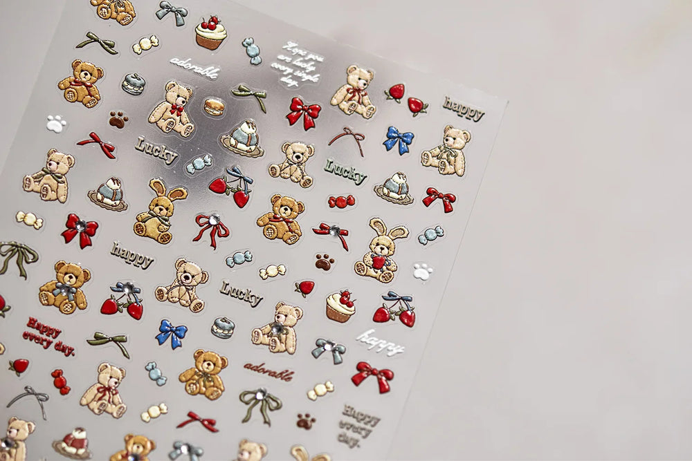 Charm Retro Bear Candy Cake Bowknot Rabbit Bunny Strawberry Footprint Muffin 3D Adhesive Nail Art Stickers Chic Manicure Decals (ONLINE ORDER ONLY)