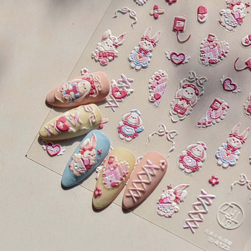 Cream Wind Cat Rabbit Kitten Bunny Bowknot Flower Butterfly Cake Cherry Tulip 5D Self Adhesive Nail Art Stickers Manicure Decals (Online Order Only)