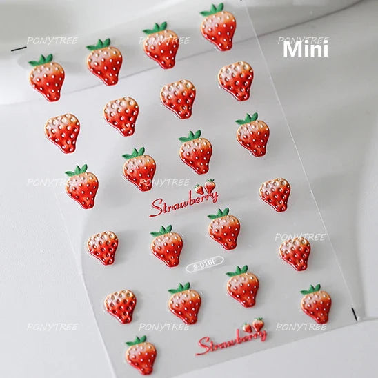 Cute Pink Tempting Strawberries Attractive Fruit Cutting Line Bowknot Star Silver Stamping Chic Nail Art Stickers Manicure Decal (ONLINE ORDER ONLY)