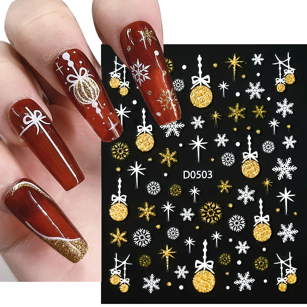 1pc Christmas Nail Sticker 3D Gold Glitter Snowflake Elk Penguin Bells Design Adhesive Nail Slider Decals Winter Manicure Decor* (Online Order Only)