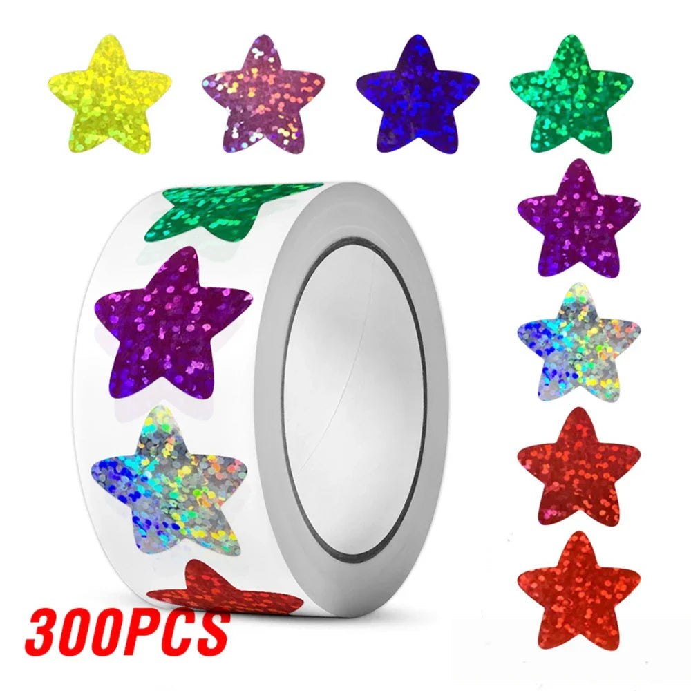 100-500pcs Holographic Star Reward Stickers Corlorful Adhesive Star Stickers Reward Chart Decorative Toy Gifts Sticker Labels (ONLINE ORDER ONLY)