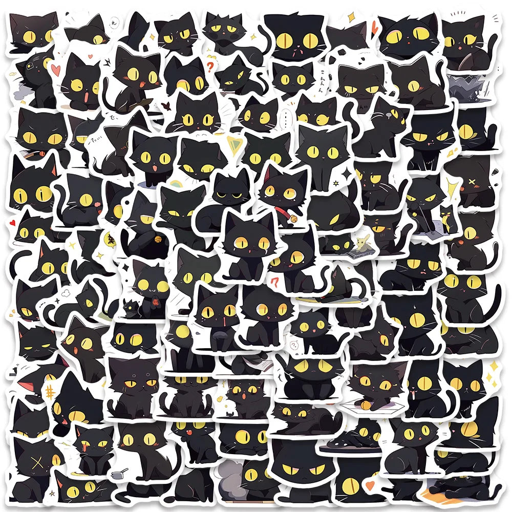 100pcs Cute Cartoon Animals Black Cats Stickers For Laptop Guitar Phone Luggage Decor Waterproof Graffiti Bicycle Car Decals (ONLINE ORDER ONLY)