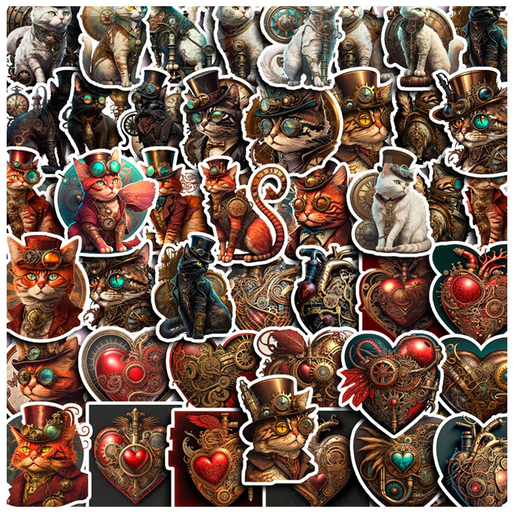 10/30/50pcs Vintage Steampunk Cat Sticker Packs (ONLINE ORDER ONLY)