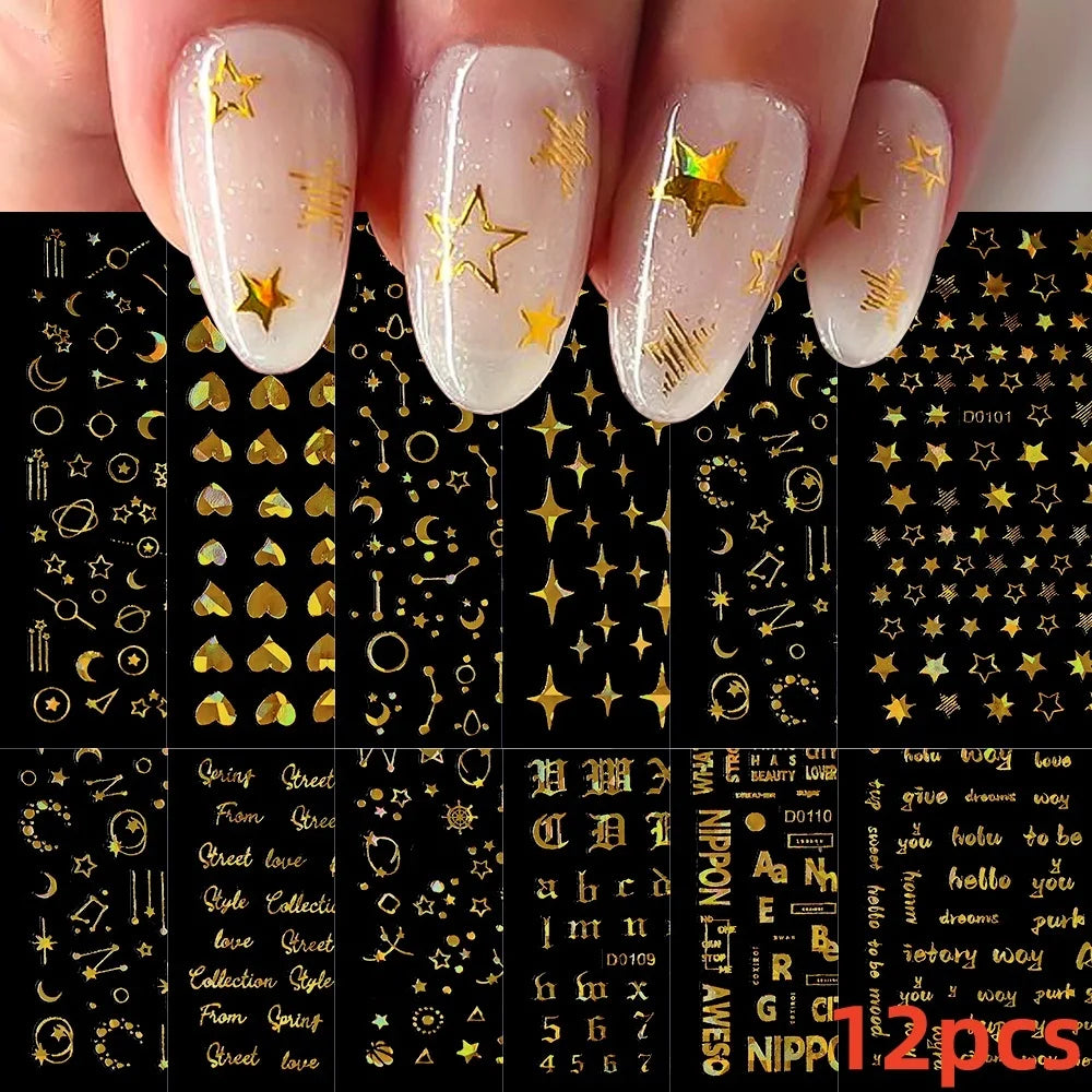 12pcs 3D Golden Glitter Heart Love Nail Stickers Valentine Self Adhesive Cute Cartoon Decal Geometry Slider Manicure Decoration* (ONLINE ORDER ONLY)