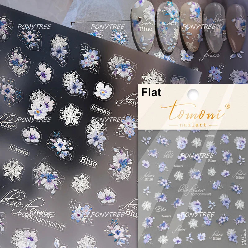 Hazy Feeling Bluestar-Amsonia Hubristic Blue Star Flower Floral Print 5D Soft Embossed Adhesive Nail Art Sticker Manicure Decals (ONLINE ORDER ONLY)