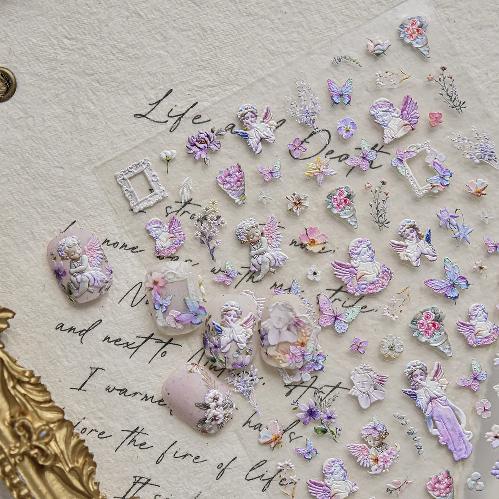 European Garden Angel Wing White Rose Flower Bed Vase Lace Bowknot Statue Adhesive Nail Art Decoration Sticker Manicure Decals (ONLINE ORDER ONLY)