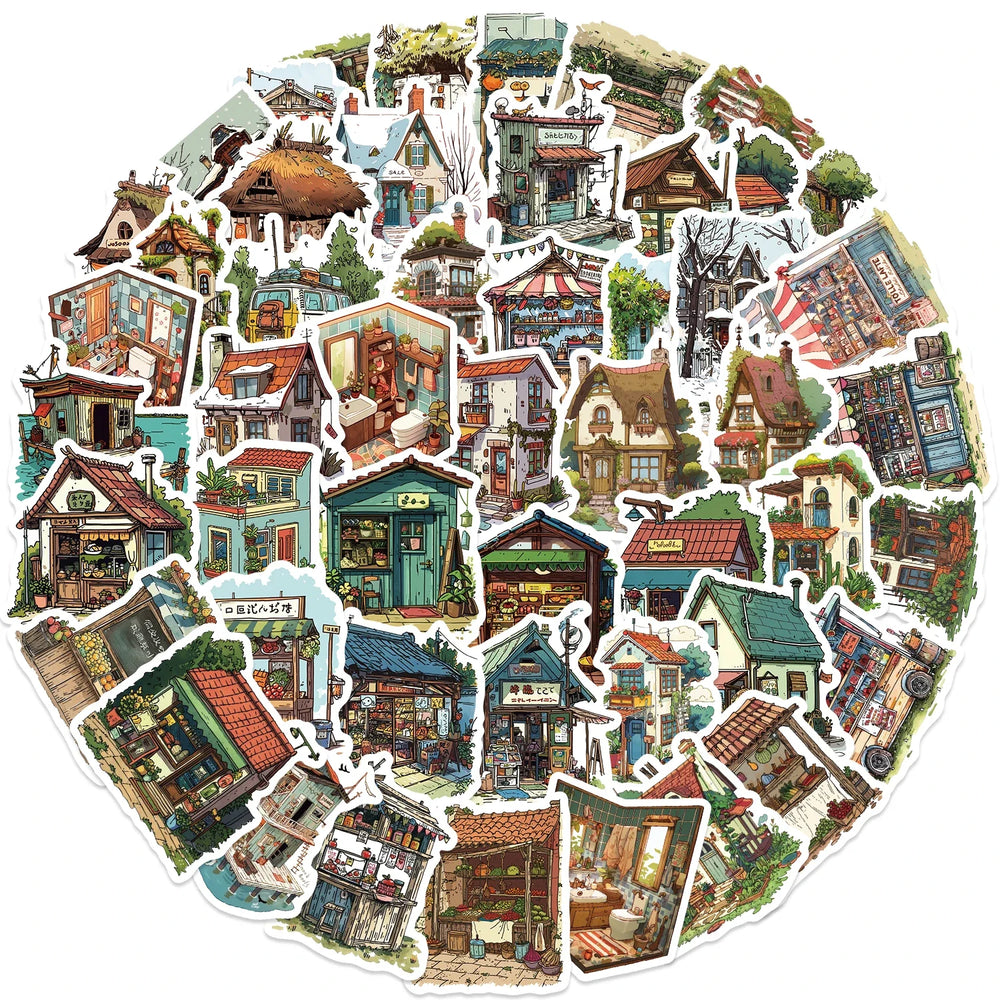 50pcs Vintage Retro Small House Stickers For Scrapbook Phone Laptop Guitar Stationery DIY Waterproof Sticker Decals Kids Toy (Online Order Only)