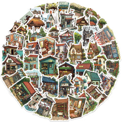 50pcs Vintage Retro Small House Stickers For Scrapbook Phone Laptop Guitar Stationery DIY Waterproof Sticker Decals Kids Toy (Online Order Only)