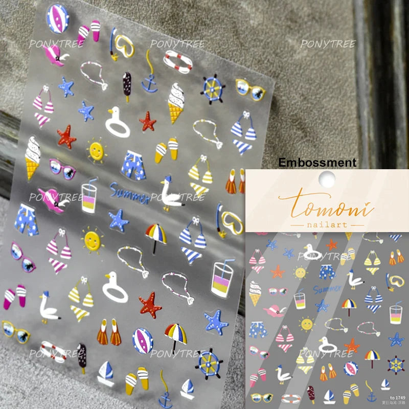 Summer Beach Bikini Watermelon Strawberry Ice Cream Soda Coconut Tree Fan Juice Crab Nail Art Decoration Stickers Manicure Decal (ONLINE ORDER ONLY)