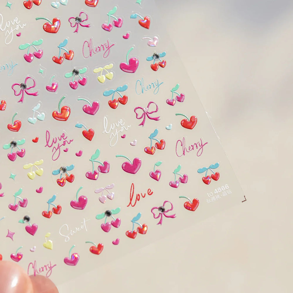 Lovely Pink Red Cherry Fruit Love Heart Star Lucky Letter Bowknot Romantic Adhesive Nail Art Stickers Rhinestone Manicure Decals (Online Order Only)