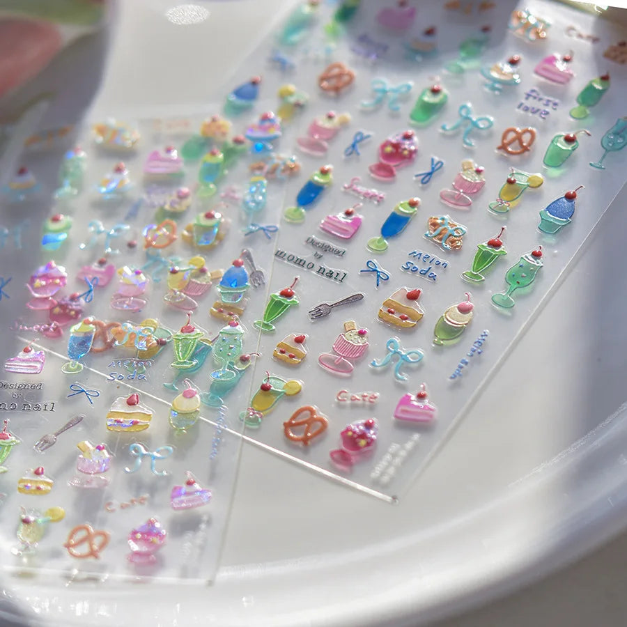 Colorful Food Pudding Alkali Water Bowknot Cream Fork Cup Bread Jelly Fruit Cartoon Cake Relief Nail Art Sticker Manicure Decals (ONLINE ORDER ONLY)